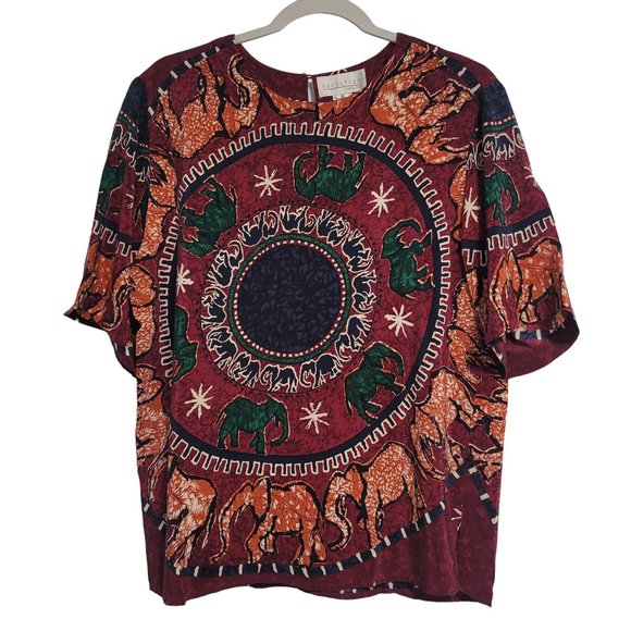 Nordstrom Gallery Multicolored Keyhole Back Short Sleeve Silk Top Size Medium - Picture 1 of 7